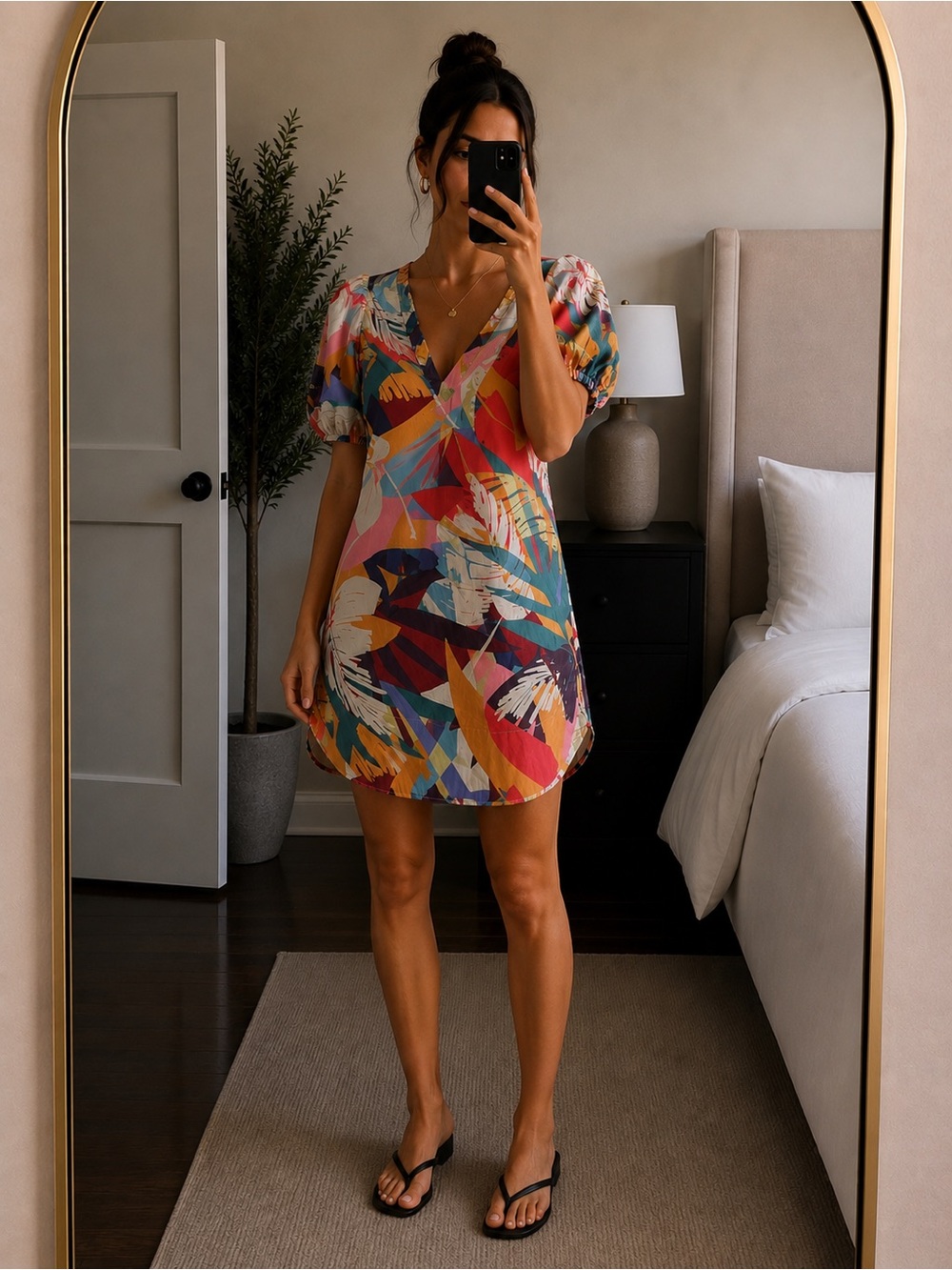 Tahari Bold Abstract Mini Dress Topical Puff Sleeve Women XS Boho Summer Holiday